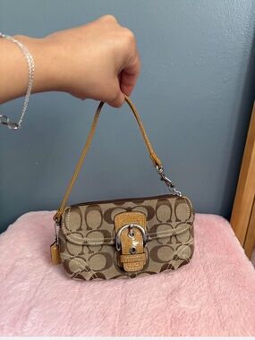 Coach Brown Signature Canvas Mini Shoulder Bag with Tan Leather Trim
